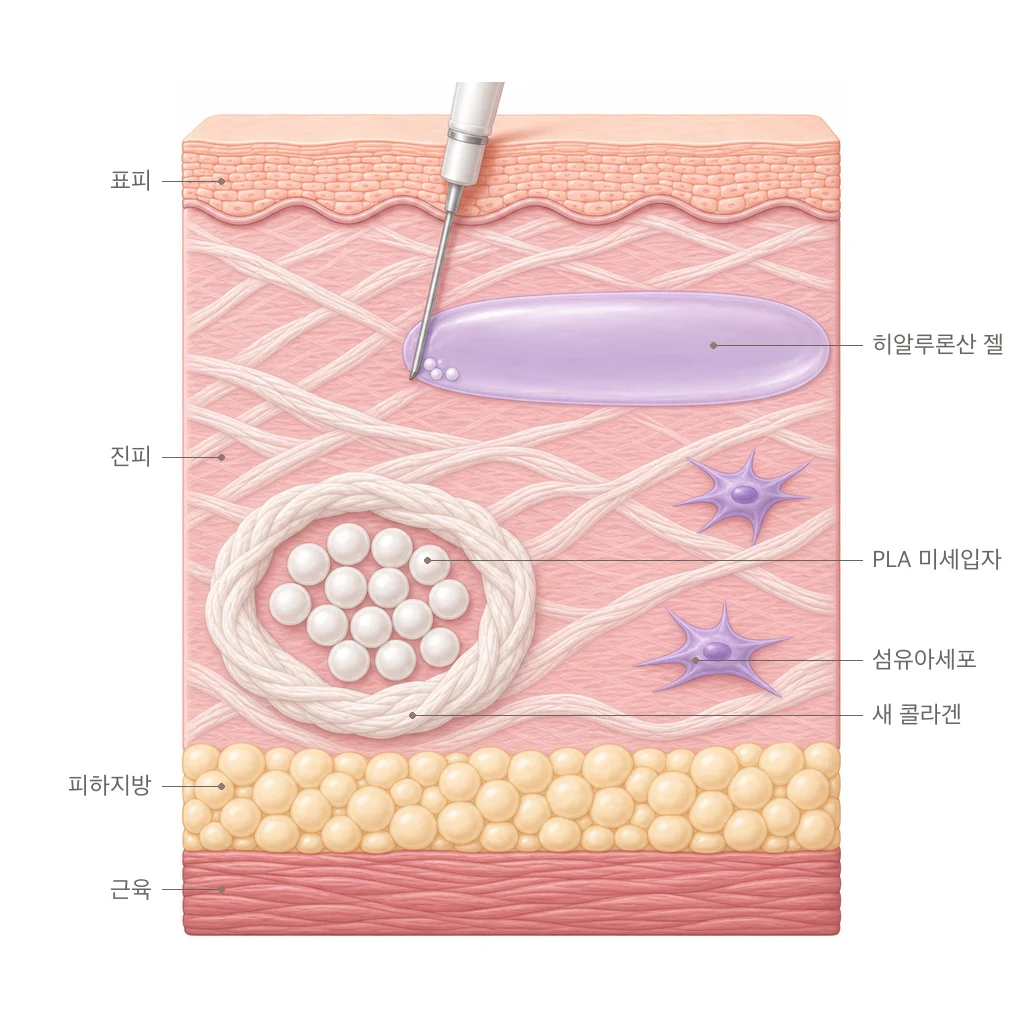 쥬베룩 볼륨 작동 원리 — 히알루론산 젤과 PLA 미세입자를 진피에 주입해 섬유아세포가 입자 주변으로 새 콜라겐을 재배치하는 피부 단면 도해