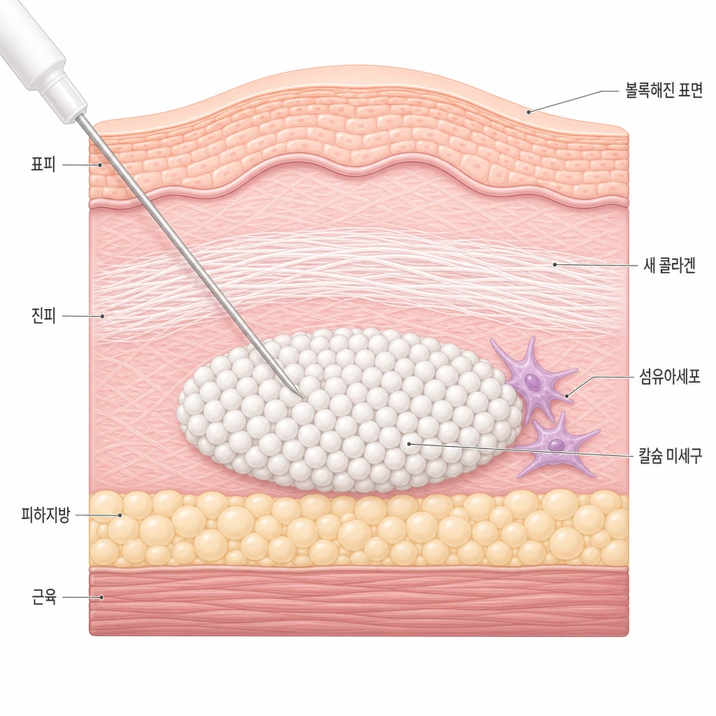 래디어스의 칼슘 미세구가 진피와 지방층 경계를 즉시 밀어 올려 볼륨을 채우고 그 둘레에 새 콜라겐이 자라나는 원리를 그린 피부 단면 도해