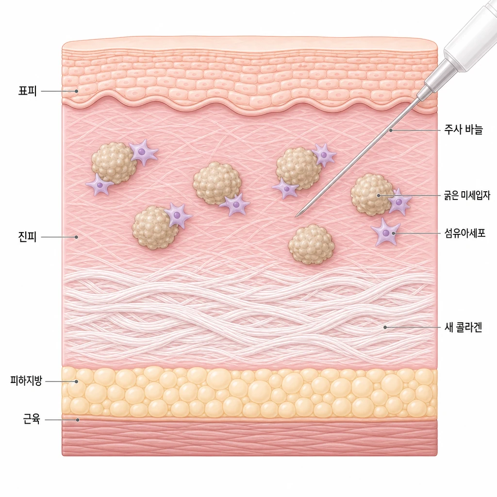 울트라콜 200의 굵은 PDO 미세입자 둘레로 섬유아세포가 모여들어 새 콜라겐을 짜 넣는 원리를 그린 피부 단면 도해