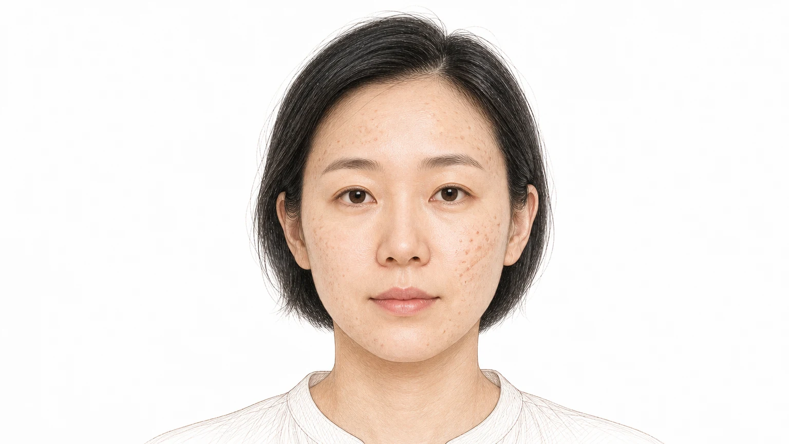 이마와 양 볼, 턱선을 따라 지름 2~3mm의 납작한 살색 구진이 무리지어 돋은 30대 초반 여성 — 편평사마귀의 대표적인 얼굴 증상
