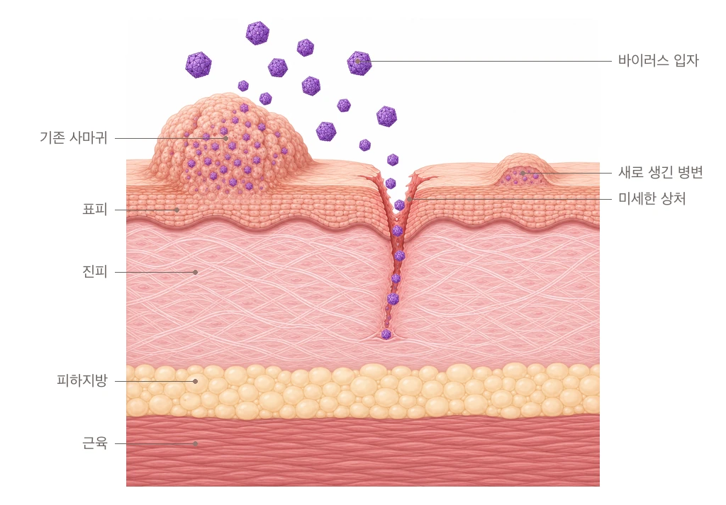 사마귀 전염 과정을 그린 피부 단면 도해 — 기존 사마귀 표면에서 떨어져 나온 HPV 바이러스 입자가 긁혀 벌어진 미세한 상처 틈으로 들어가 옆 피부에 새 병변을 만드는 모습을 표피·진피·피하지방·근육 층과 함께 보여 준다