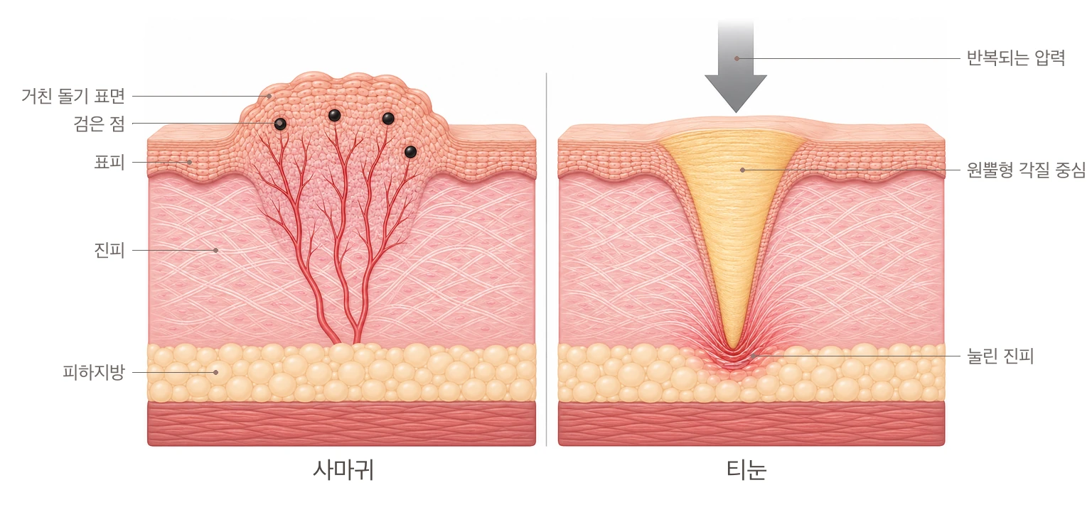 사마귀와 티눈의 피부 속 구조를 좌우로 비교한 단면 도해 — 왼쪽 사마귀는 표피가 위로 밀려 올라와 거친 돌기를 이루고 그 안에 모세혈관이 뭉쳐 생긴 검은 점이 보이며, 오른쪽 티눈은 노란 원뿔형 각질 중심이 아래로 깊게 파고들어 진피를 눌러 압박한다