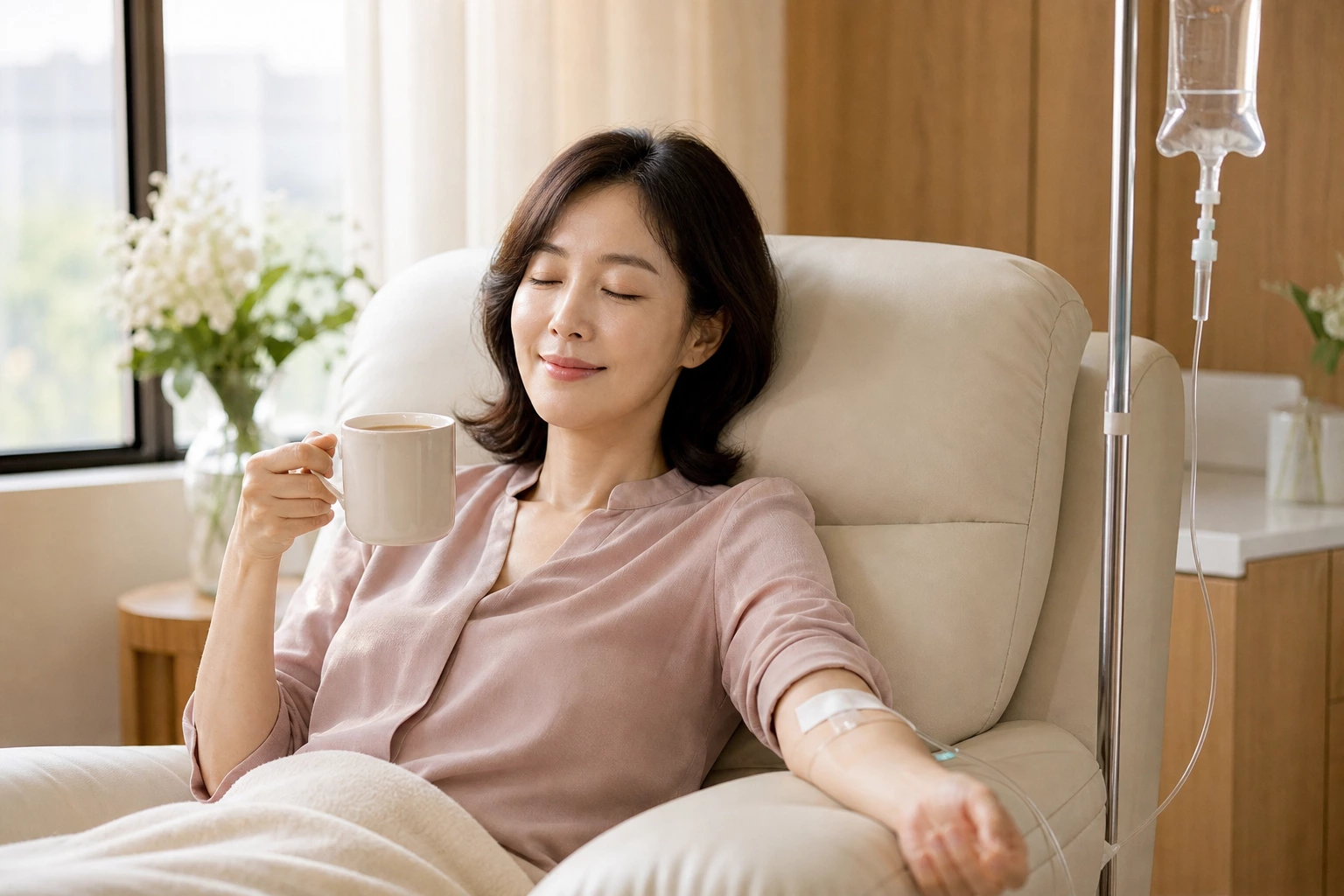 밝은 처치실 리클라이너에 앉아 팔에 수액을 맞으며 차를 들고 편안하게 눈을 감은 40대 한국인 여성