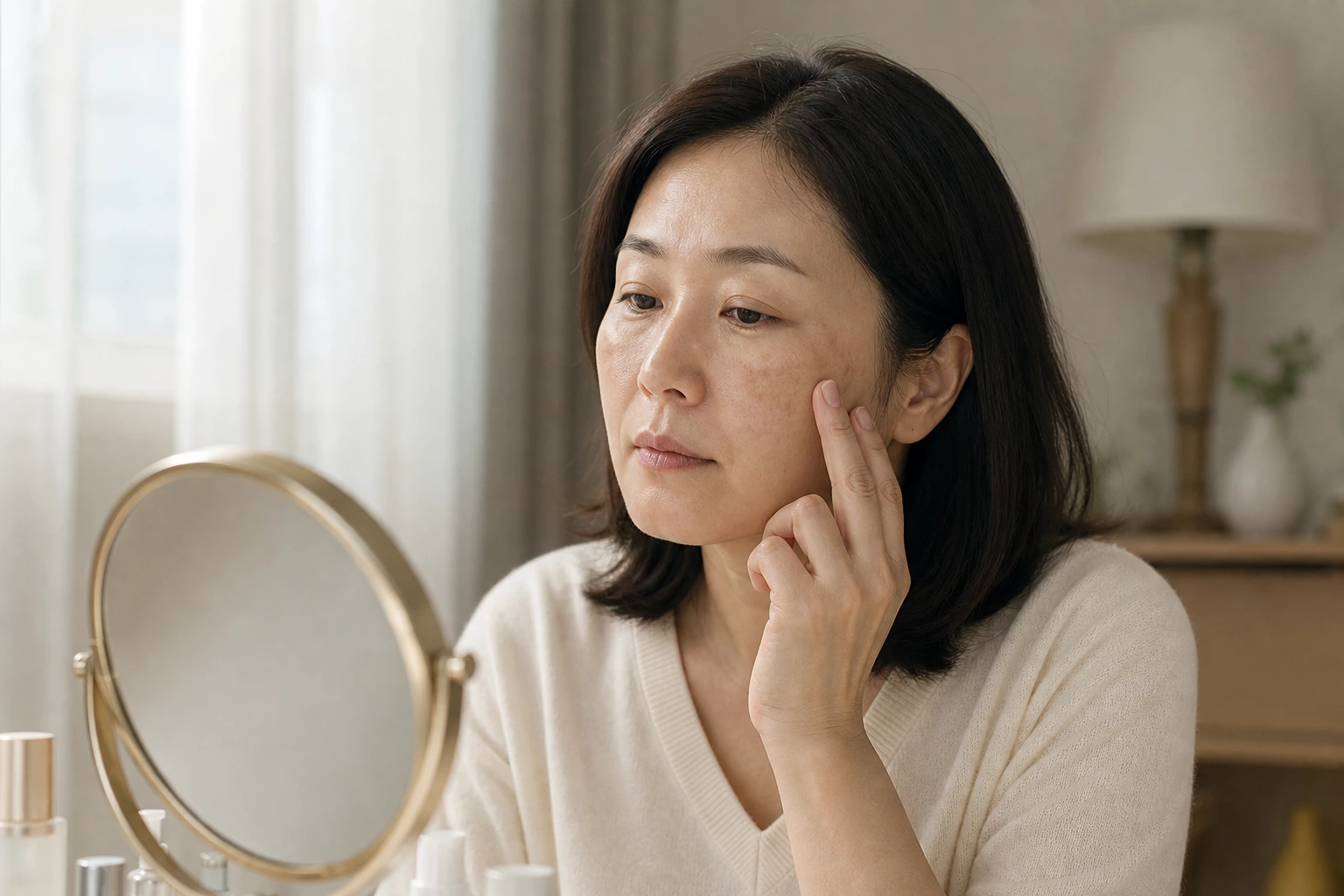 아침 화장대 거울 앞에서 광대 위 옅은 갈색 기미를 손끝으로 확인하는 40대 한국인 여성